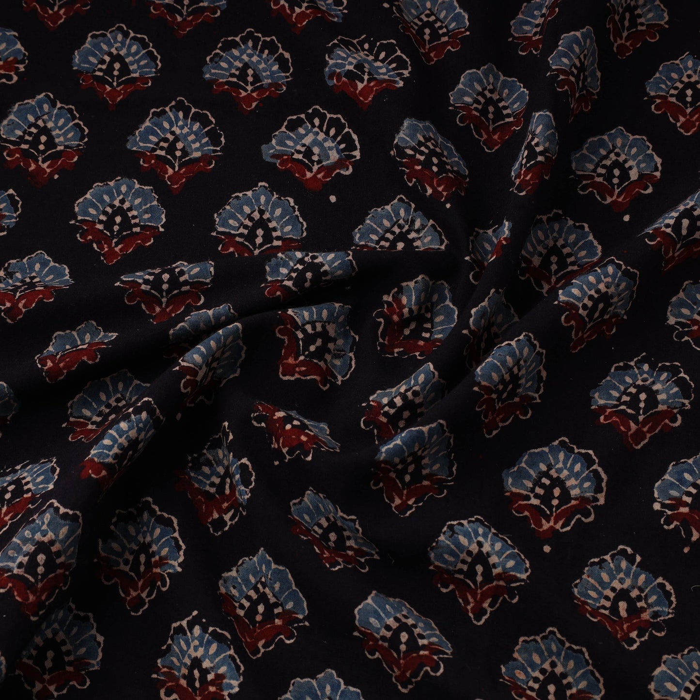 Black Natural Dyed 3 Kaam Block Print Cotton Ajrakh Fabric