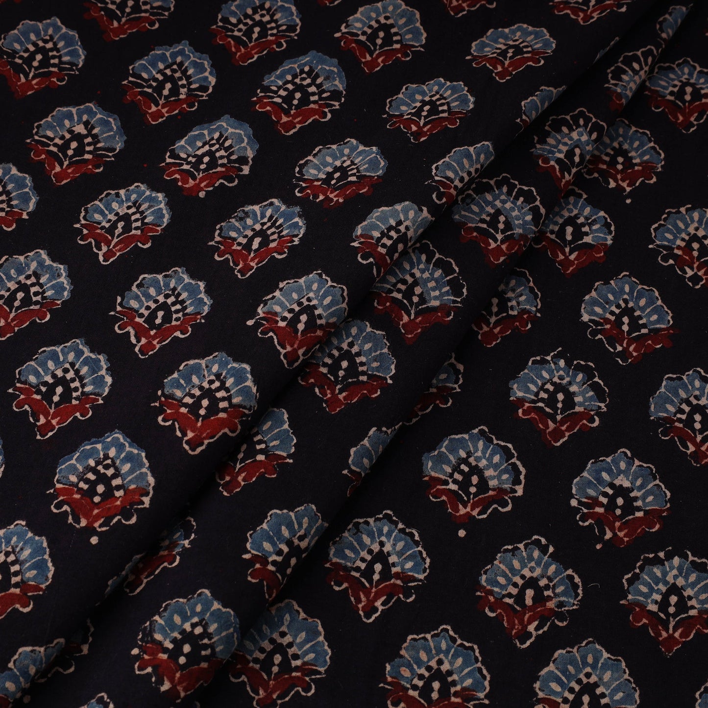 Black Natural Dyed 3 Kaam Block Print Cotton Ajrakh Fabric