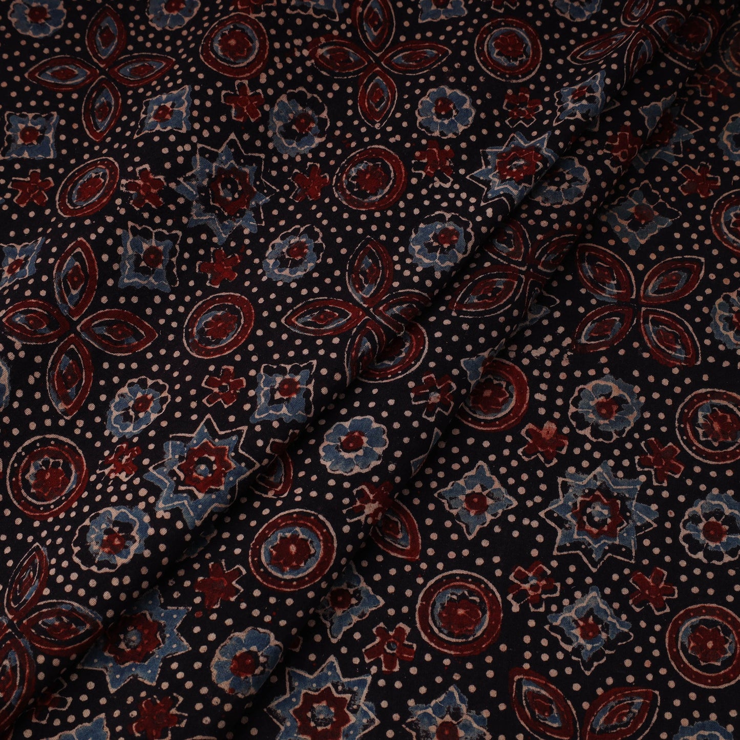 Black Natural Dyed 3 Kaam Block Print Cotton Ajrakh Fabric