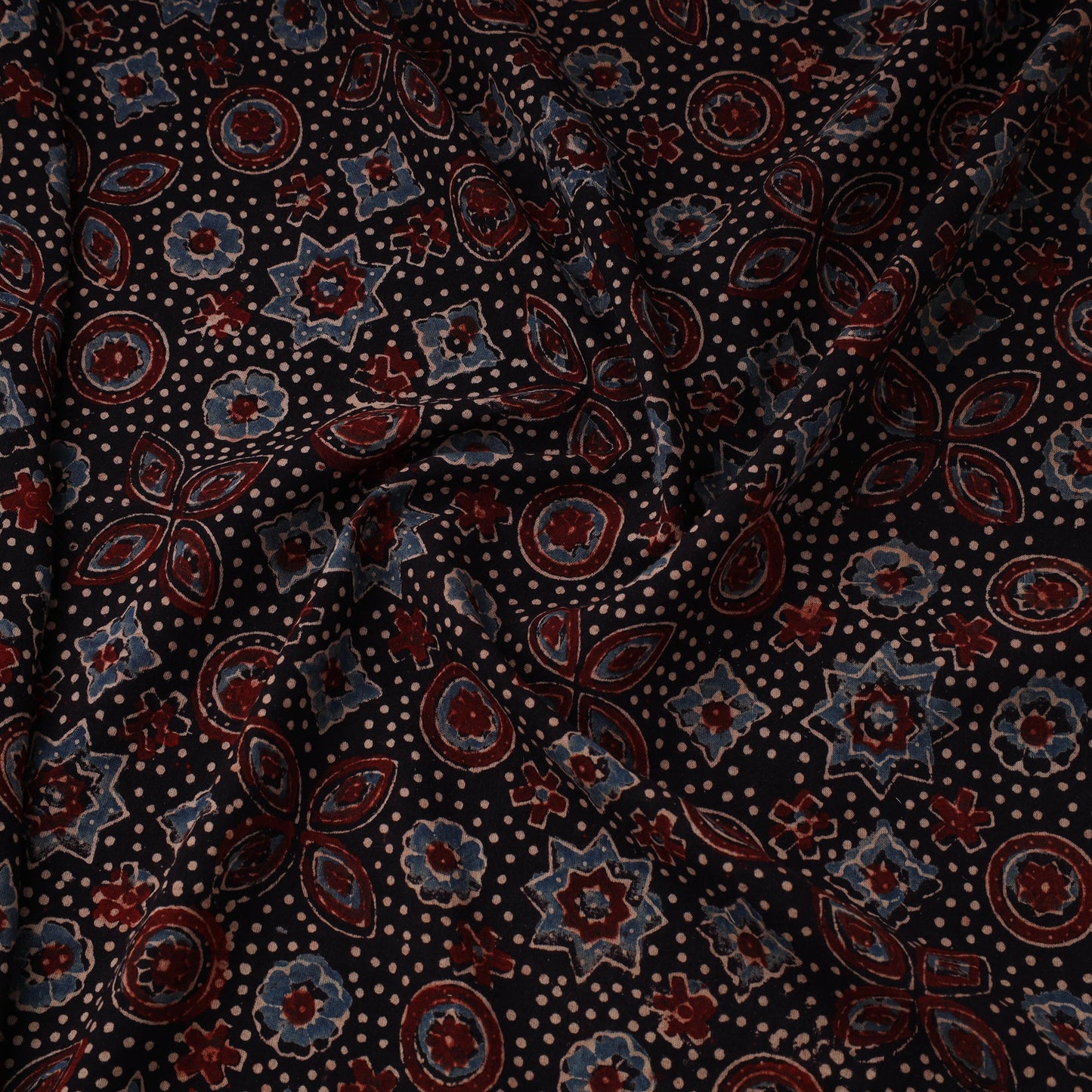 Black Natural Dyed 3 Kaam Block Print Cotton Ajrakh Fabric