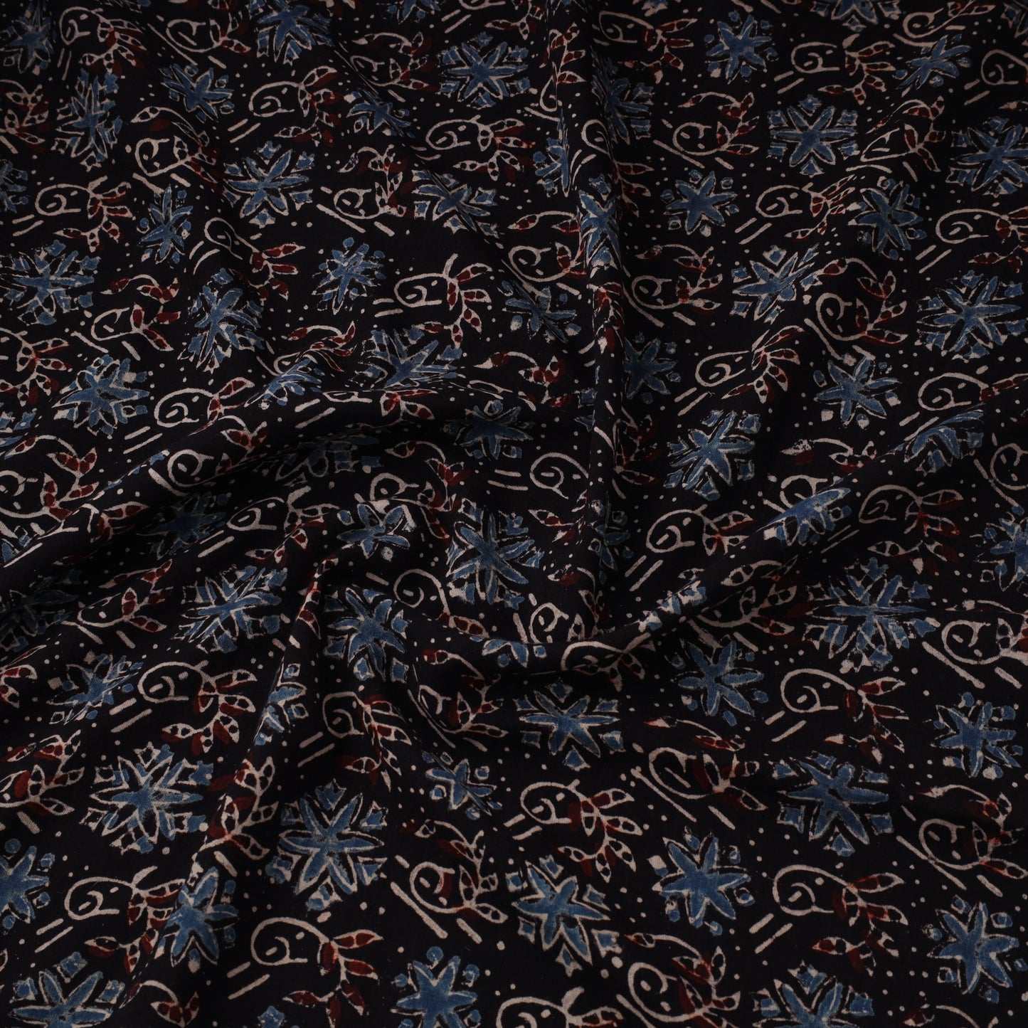 Black Natural Dyed 3 Kaam Block Print Cotton Ajrakh Fabric