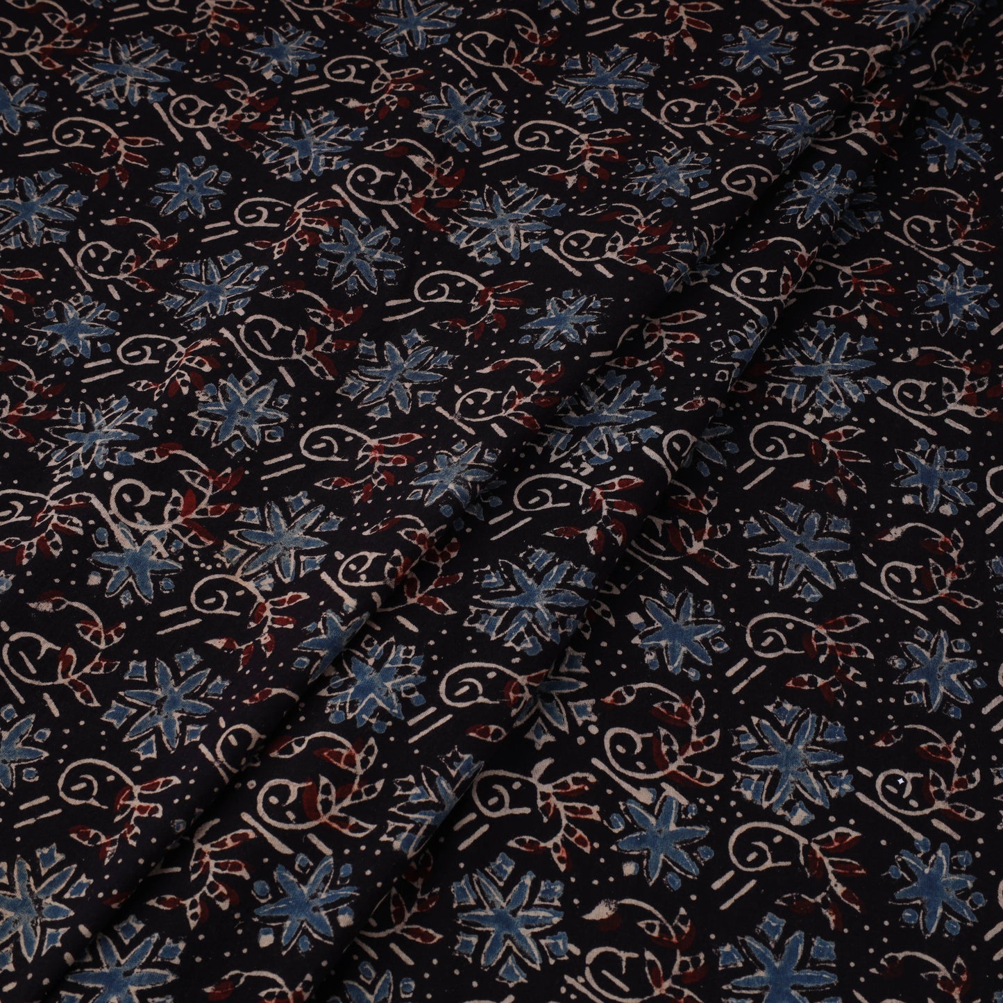 Black Natural Dyed 3 Kaam Block Print Cotton Ajrakh Fabric