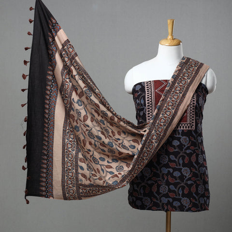 Buy Black Kutch Block Print Cotton 3pc Ajrakh Dress Material