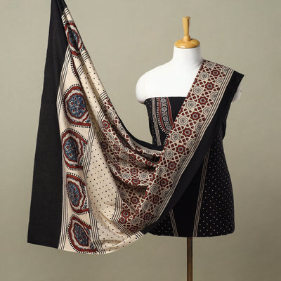  Black Natural Dyed Block Print 3pc Ajrakh Dress Material