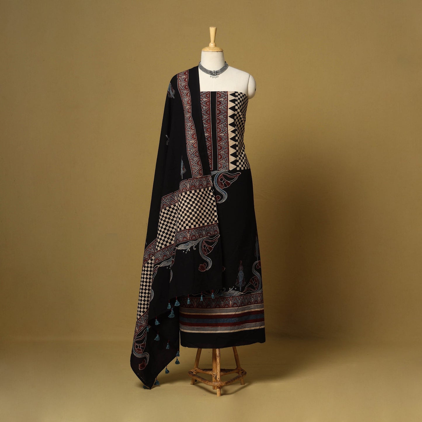 Black - natural dyed 3pc unstitched dress material 12