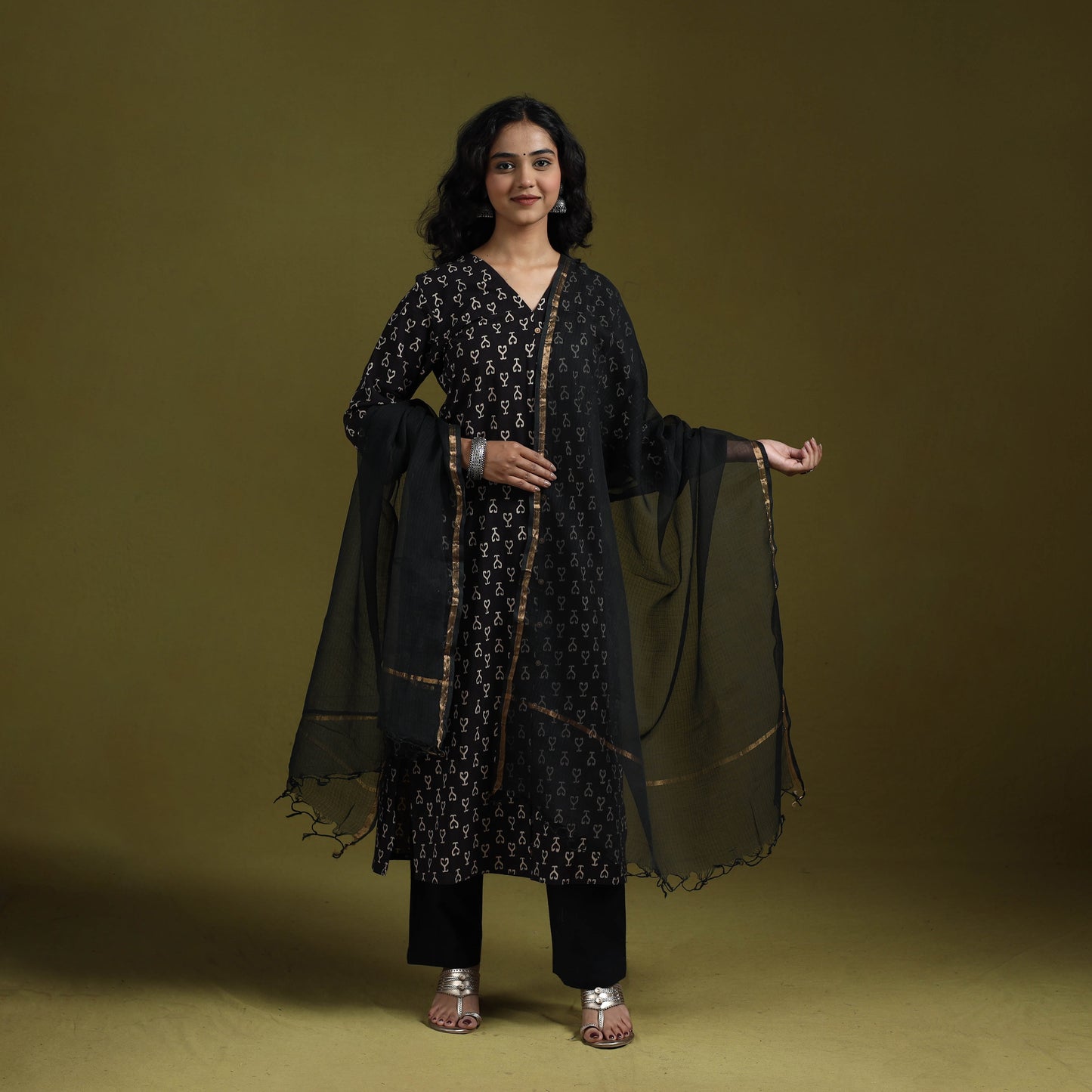 Natural dyed ajrakh hand block print cotton suit set