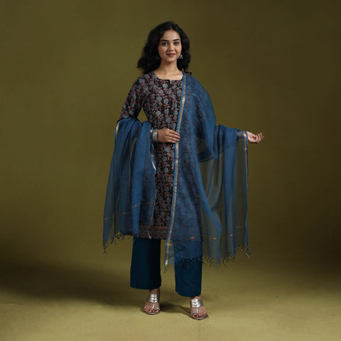 Natural dyed ajrakh hand block print cotton suit set