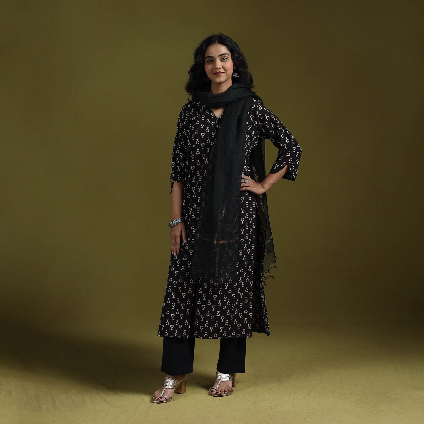 Natural dyed ajrakh hand block print cotton suit set