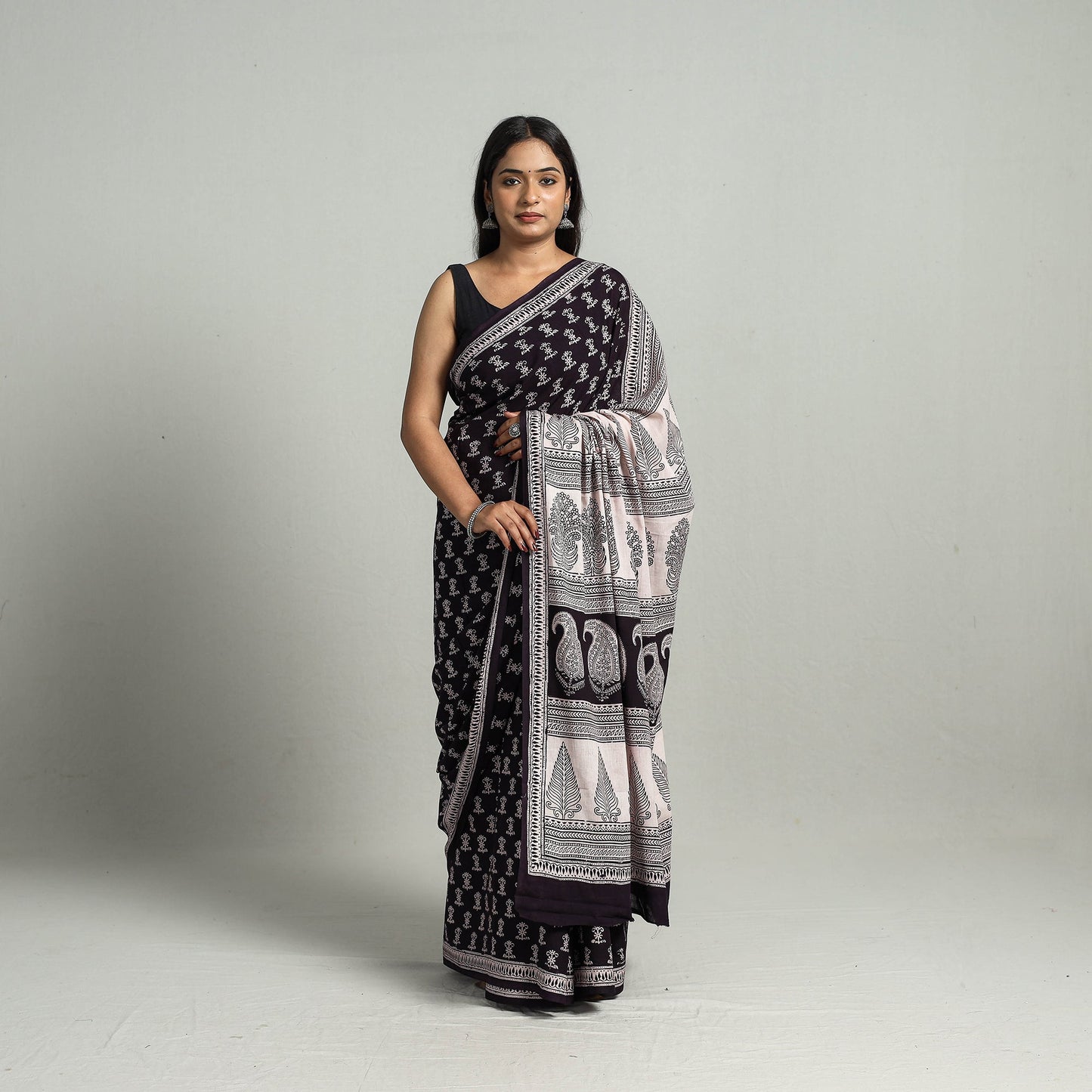 Black Bagh Print Cotton Saree Online from Madhya Pradesh