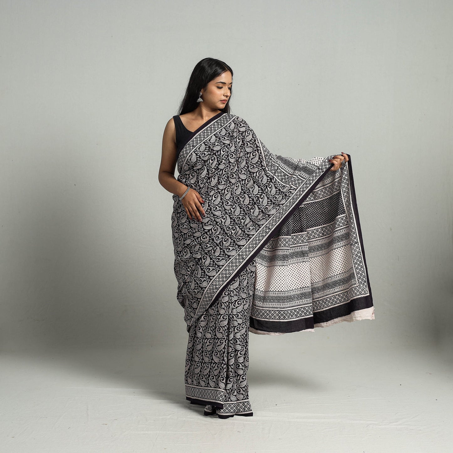 Black Bagh Print Cotton Saree Online from Madhya Pradesh