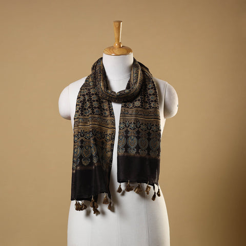 Black Natural Dyed Block Print Chanderi Silk Ajrakh Stole 