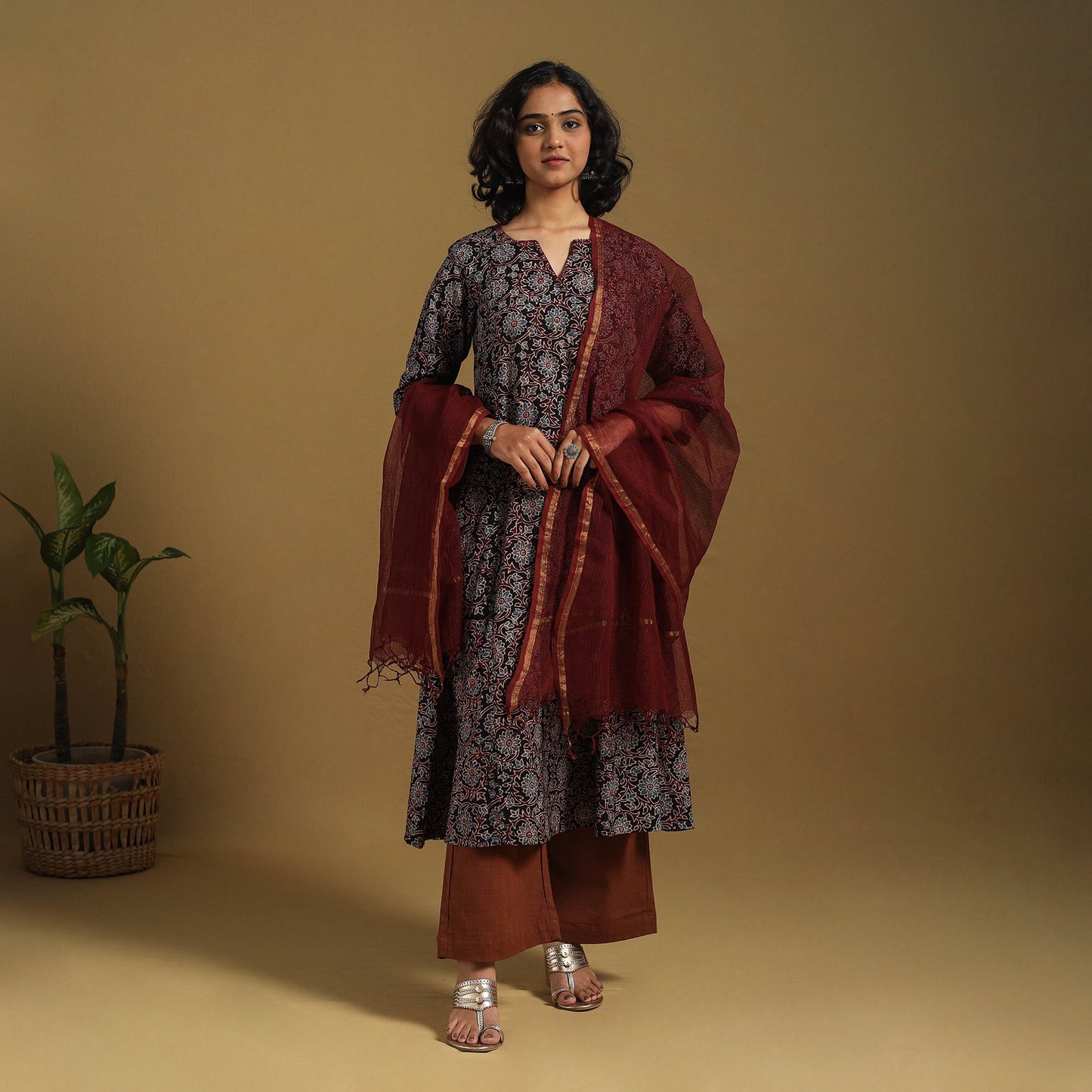 Black Natural Dyed Block Print Cotton Ajrakh Kurta Set (Set of 3)