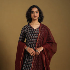 Black Natural Dyed Block Print Cotton Ajrakh Kurta Set (Set of 3)