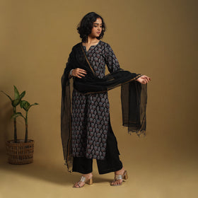 Black Natural Dyed Block Print Cotton Ajrakh Kurta Set (Set of 3)