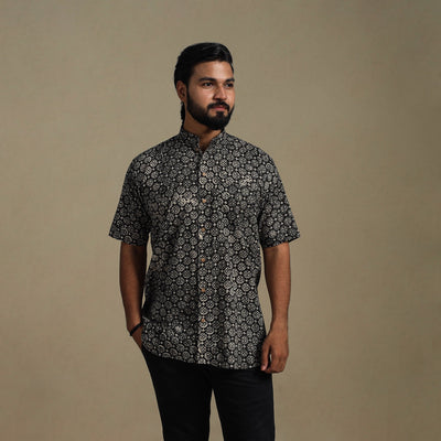 Black - natural dyed cotton men half sleeve bagru shirt 04