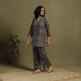 Black Natural Dyed Block Print Cotton Pedana Kalamkari Co-ord Set