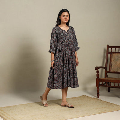 Black - natural dyed cotton tiered dress 07 - handcrafted
