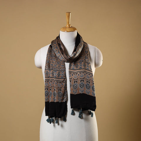 Black Natural Dyed Block Print Modal Silk Ajrakh Stole