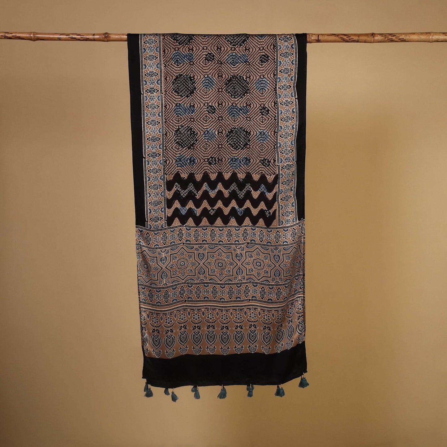 Black Natural Dyed Block Print Modal Silk Ajrakh Stole