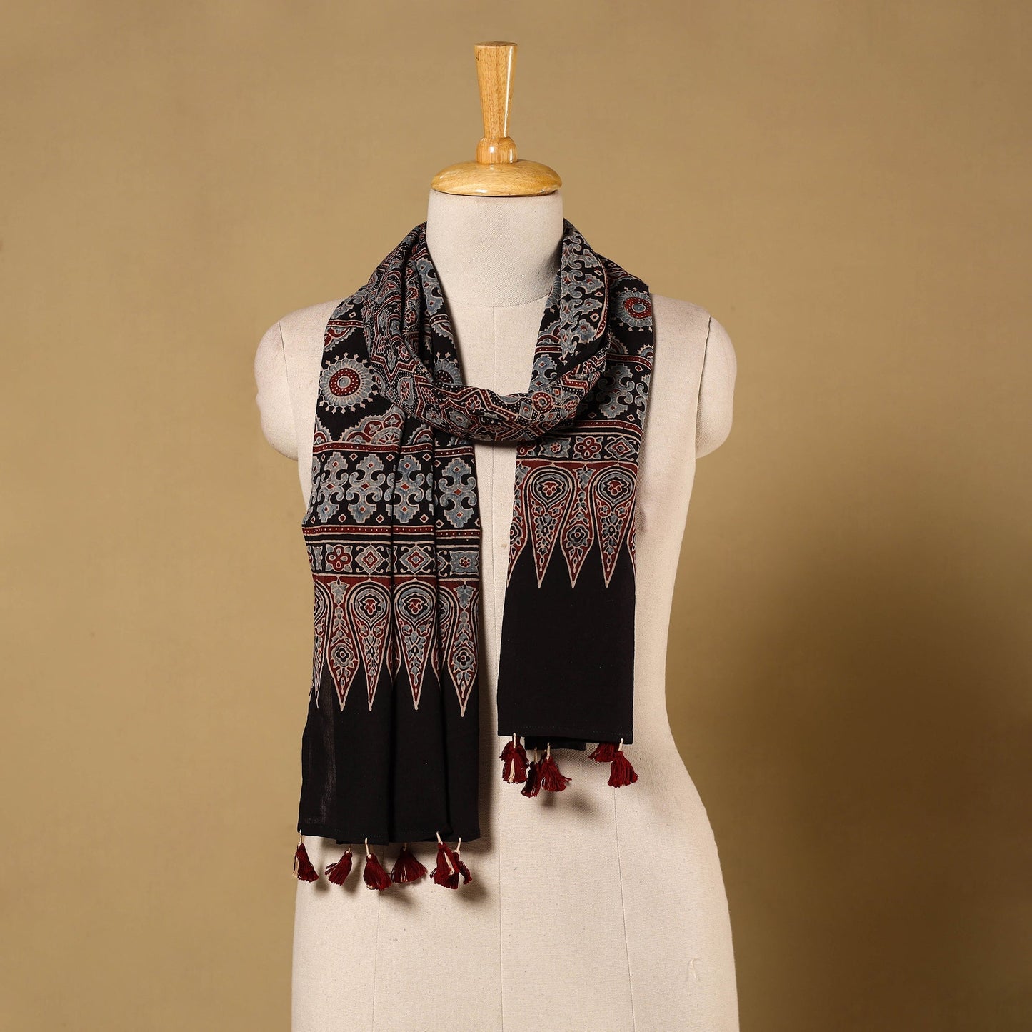 Black Natural Dyed Block Print Mul Cotton Ajrakh Stole