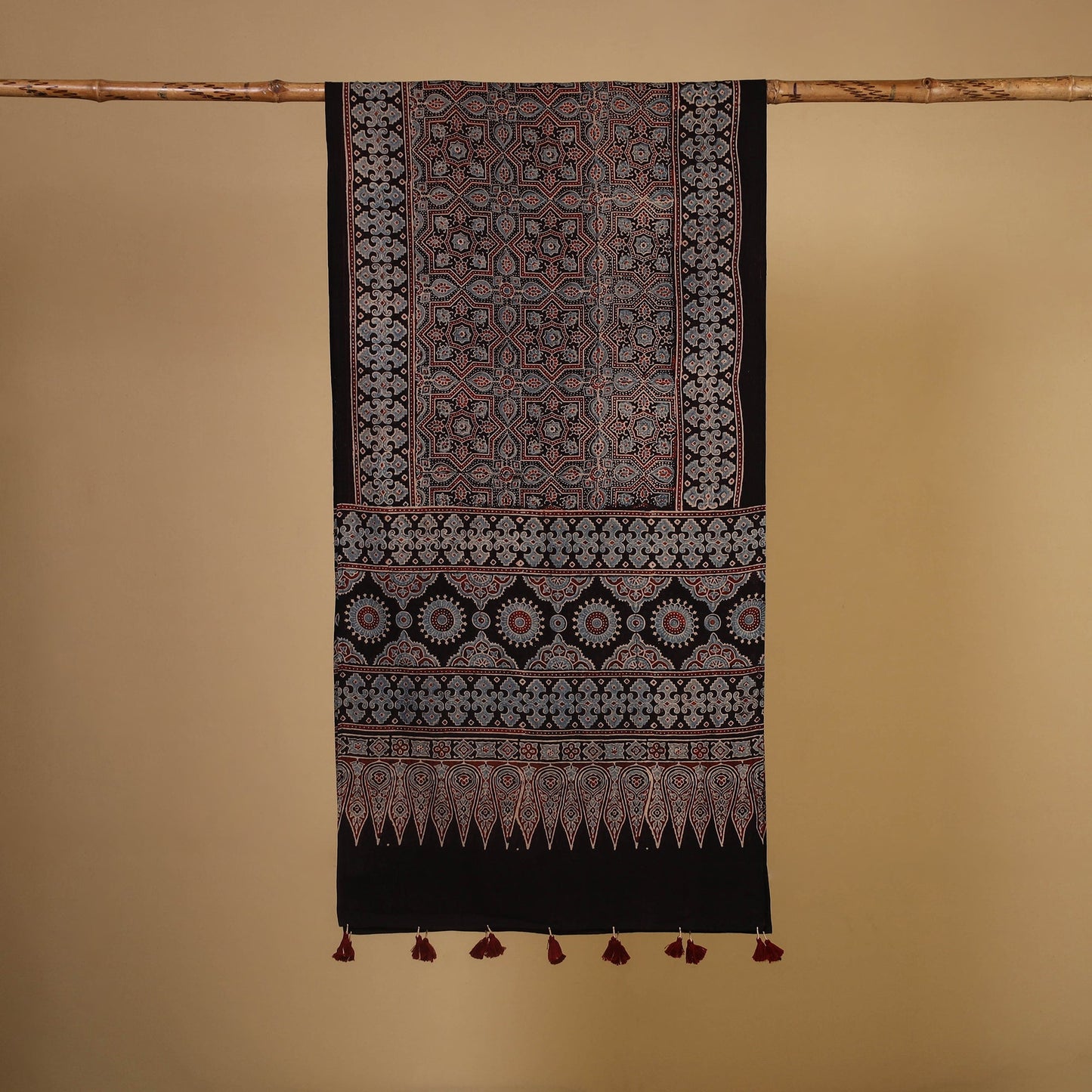 Black Natural Dyed Block Print Mul Cotton Ajrakh Stole 
