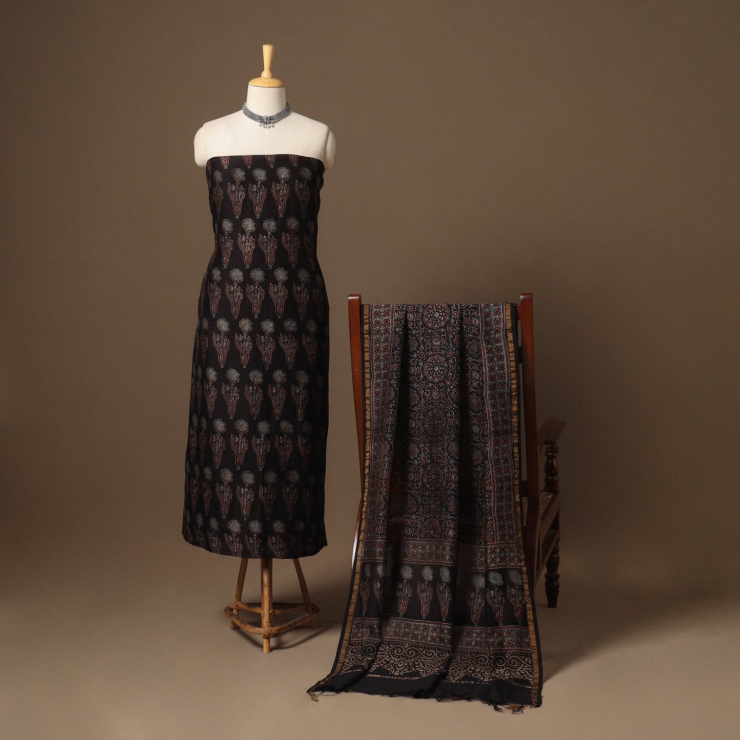 Black Natural Dyed Chanderi Silk 2pc Unstitched Ajrakh Dress Material