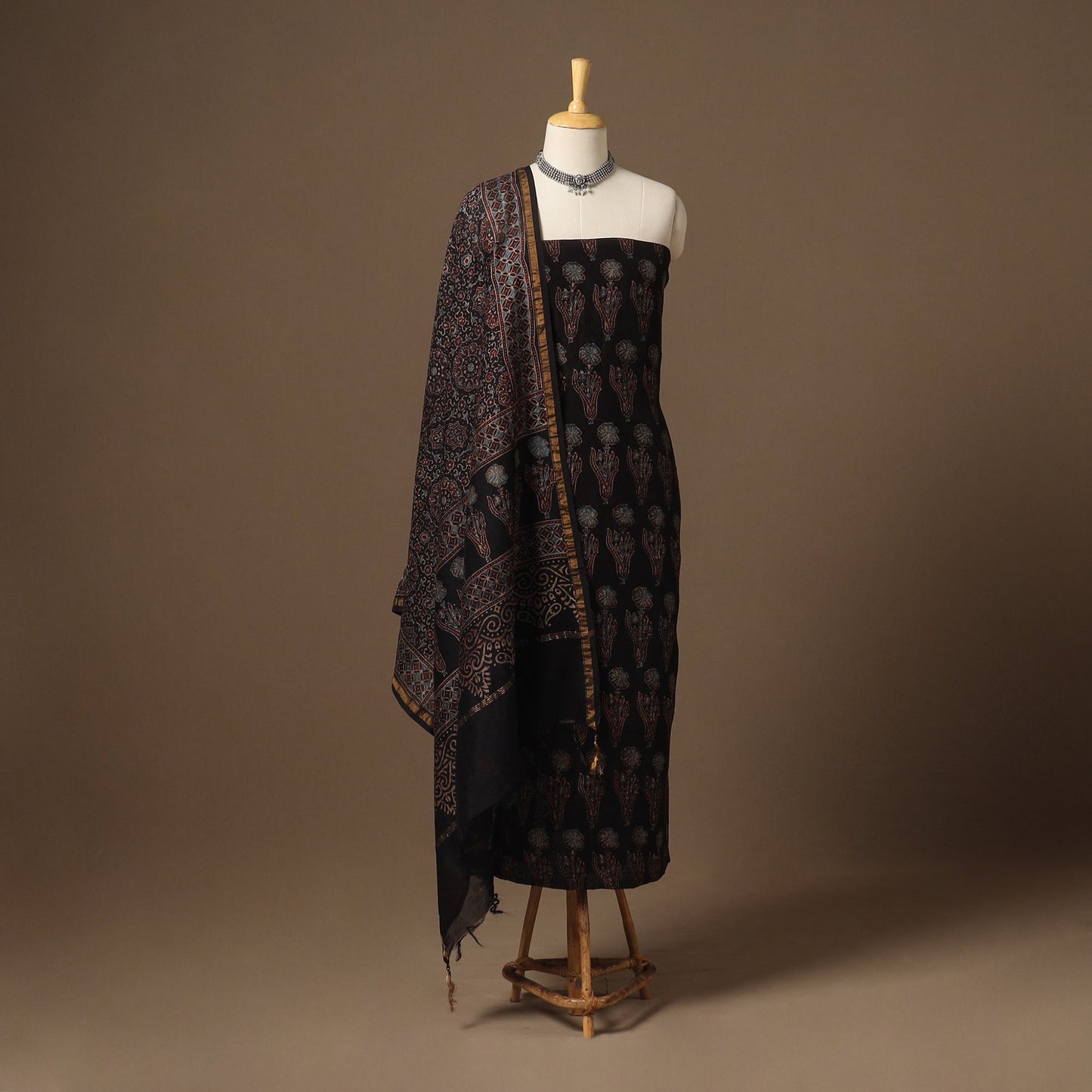 Black Natural Dyed Chanderi Silk 2pc Unstitched Ajrakh Dress Material