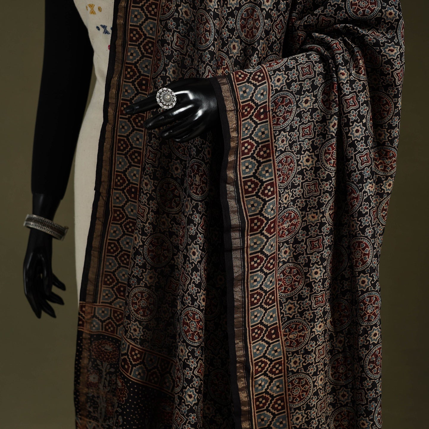 Black - natural dyed chanderi silk dupatta 13 - handcrafted