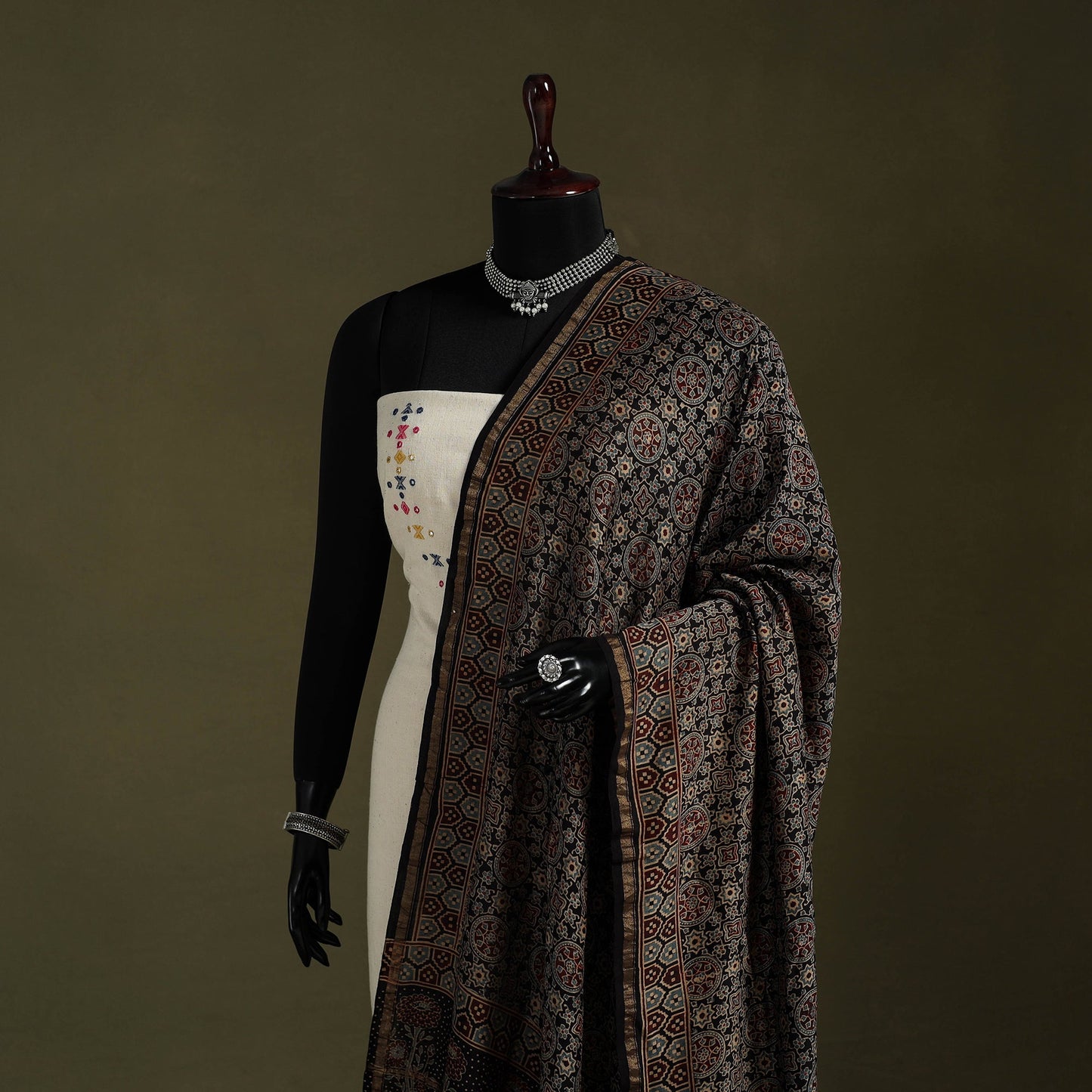 Black - natural dyed chanderi silk dupatta 13 - handcrafted