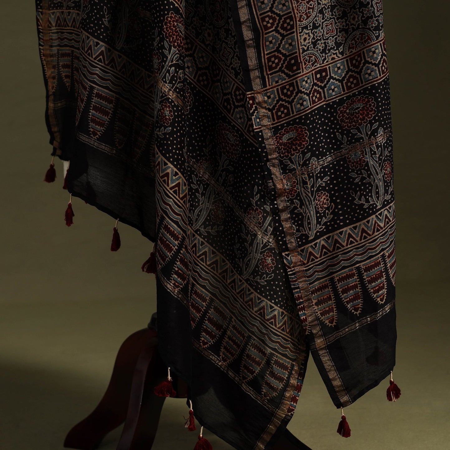 Black - natural dyed chanderi silk dupatta 13 - handcrafted