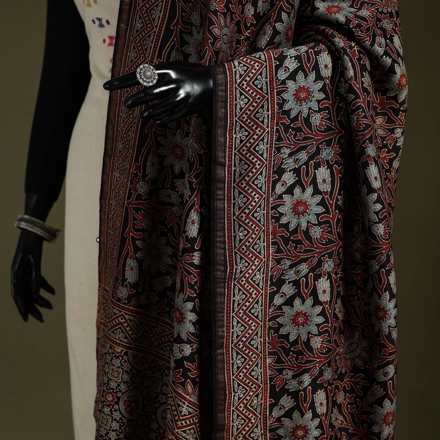 Black Natural Dyed Chanderi Silk Block Print Ajrakh Dupatta
