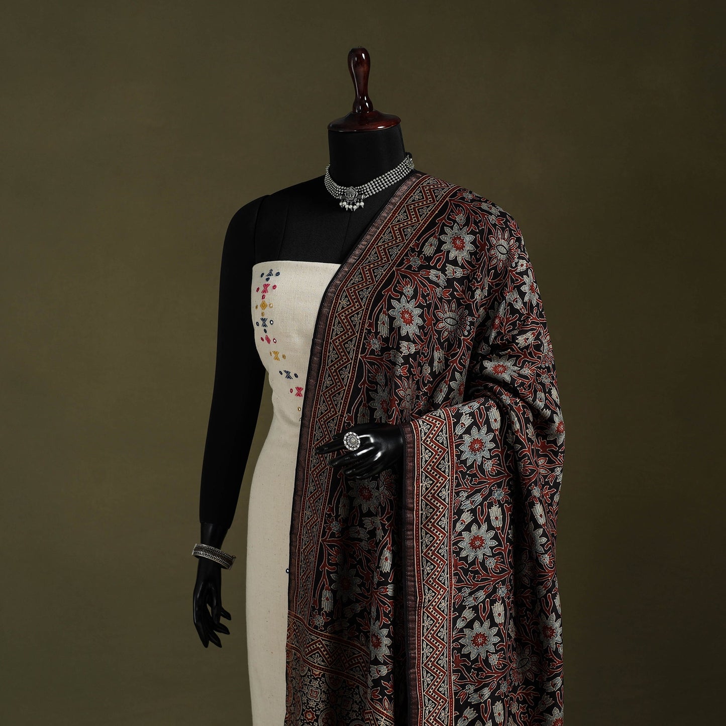 Black Natural Dyed Chanderi Silk Block Print Ajrakh Dupatta