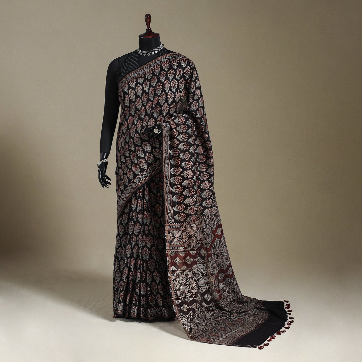 Black Natural Dyed Block Print Chanderi Silk Ajrakh Saree