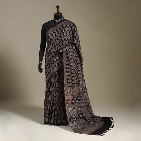 Black Natural Dyed Block Print Chanderi Silk Ajrakh Saree