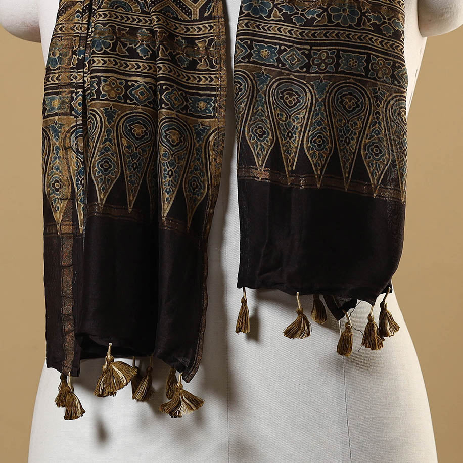 Black Natural Dyed Block Print Chanderi Silk Ajrakh Stole 