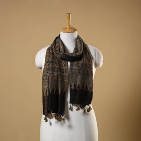 Black Natural Dyed Block Print Chanderi Silk Ajrakh Stole 