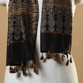 Black Natural Dyed Block Print Chanderi Silk Ajrakh Stole 