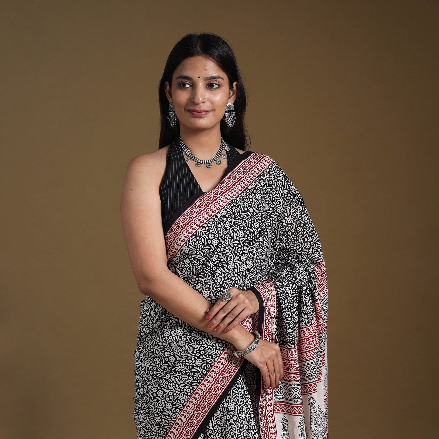 Black Block Print Natural Dyed Cotton Bagh Saree