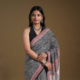 Black Block Print Natural Dyed Cotton Bagh Saree