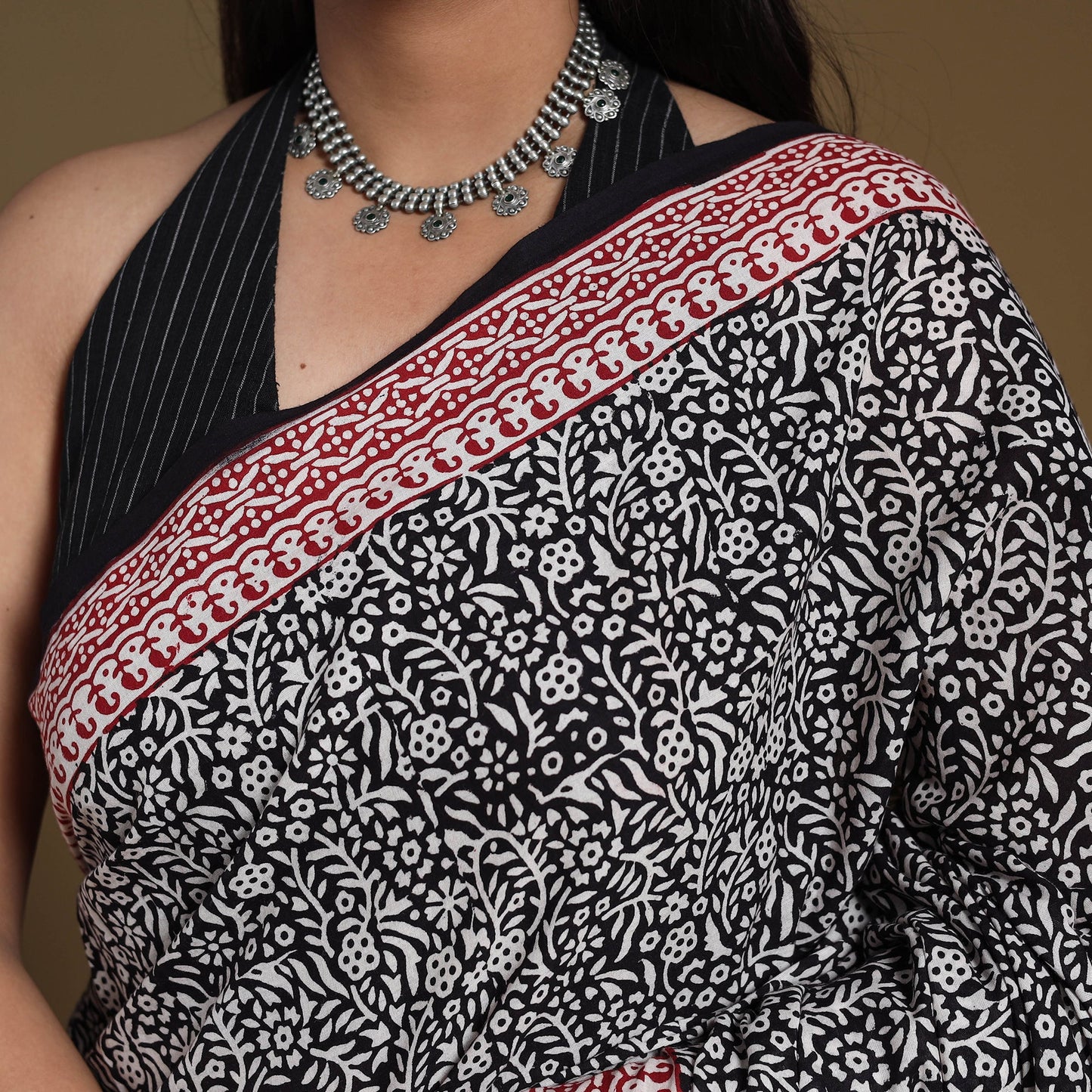 Black Block Print Natural Dyed Cotton Bagh Saree