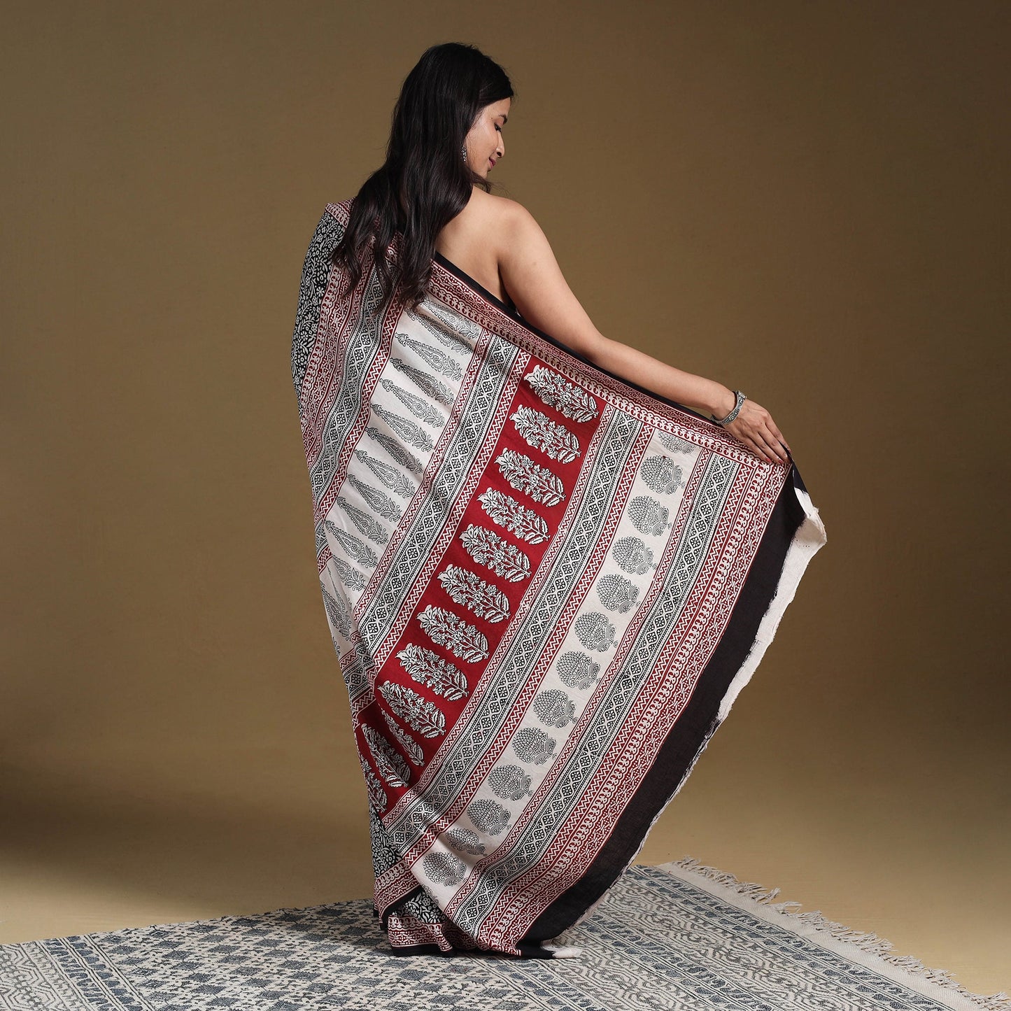 Black Block Print Natural Dyed Cotton Bagh Saree