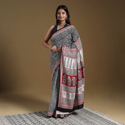 Black Block Print Natural Dyed Cotton Bagh Saree