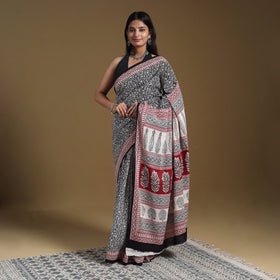 Black Block Print Natural Dyed Cotton Bagh Saree