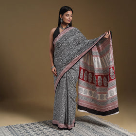 Black Block Print Natural Dyed Cotton Bagh Saree