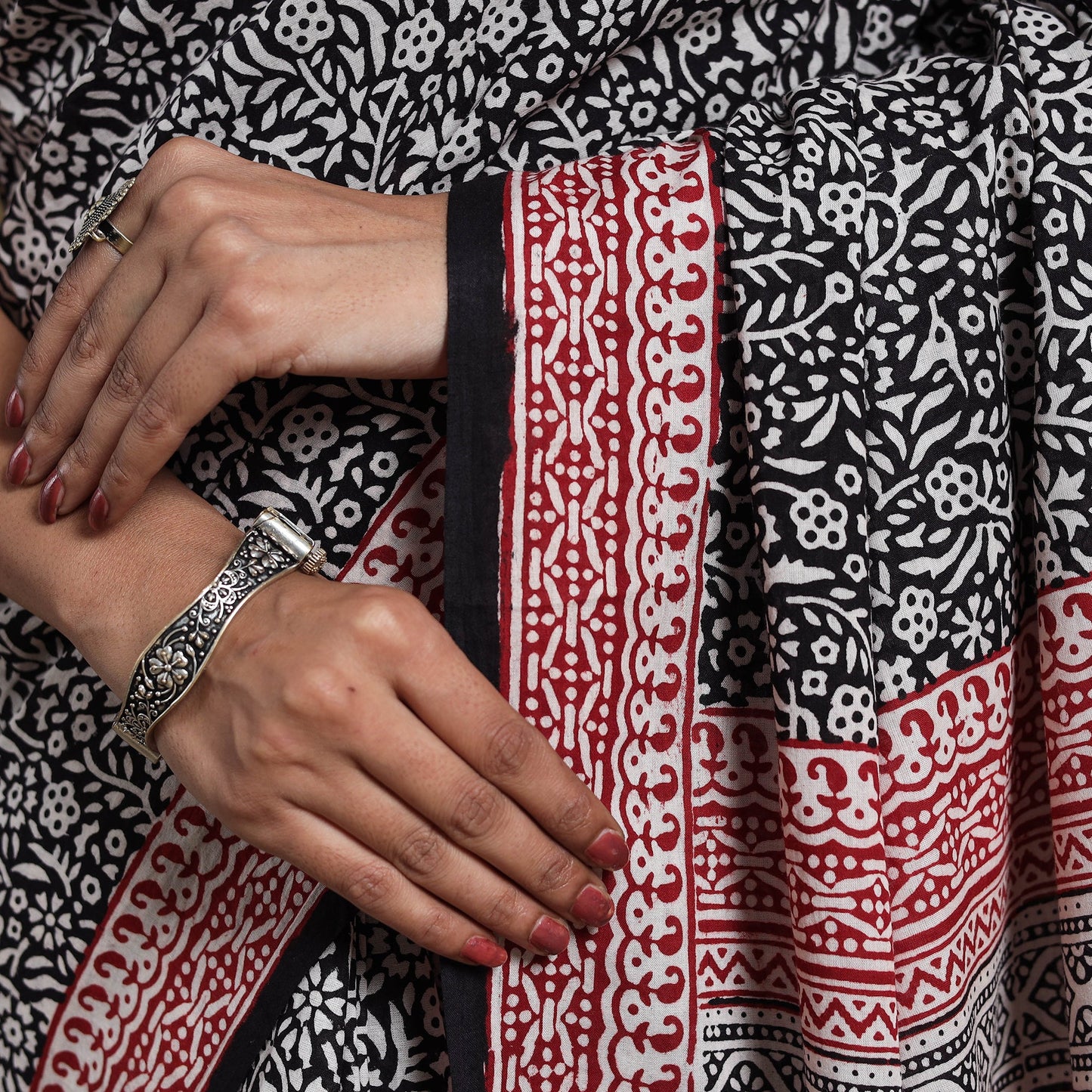 Black Block Print Natural Dyed Cotton Bagh Saree