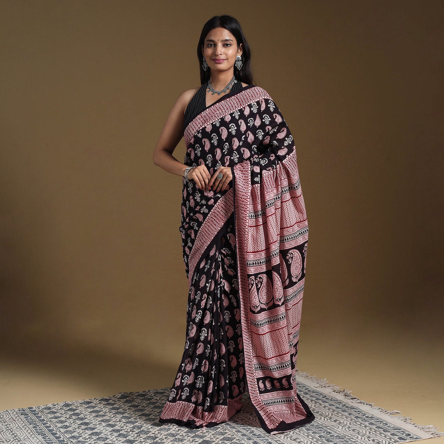 Black Block Print Natural Dyed Cotton Bagh Saree