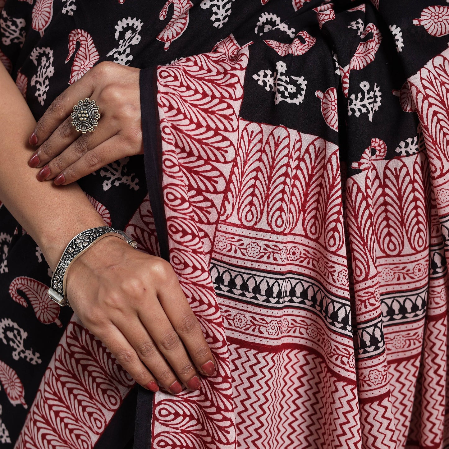 Black Block Print Natural Dyed Cotton Bagh Saree