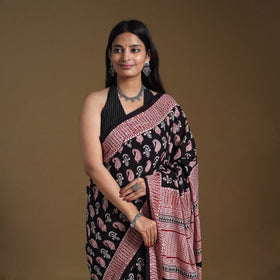 Black Block Print Natural Dyed Cotton Bagh Saree