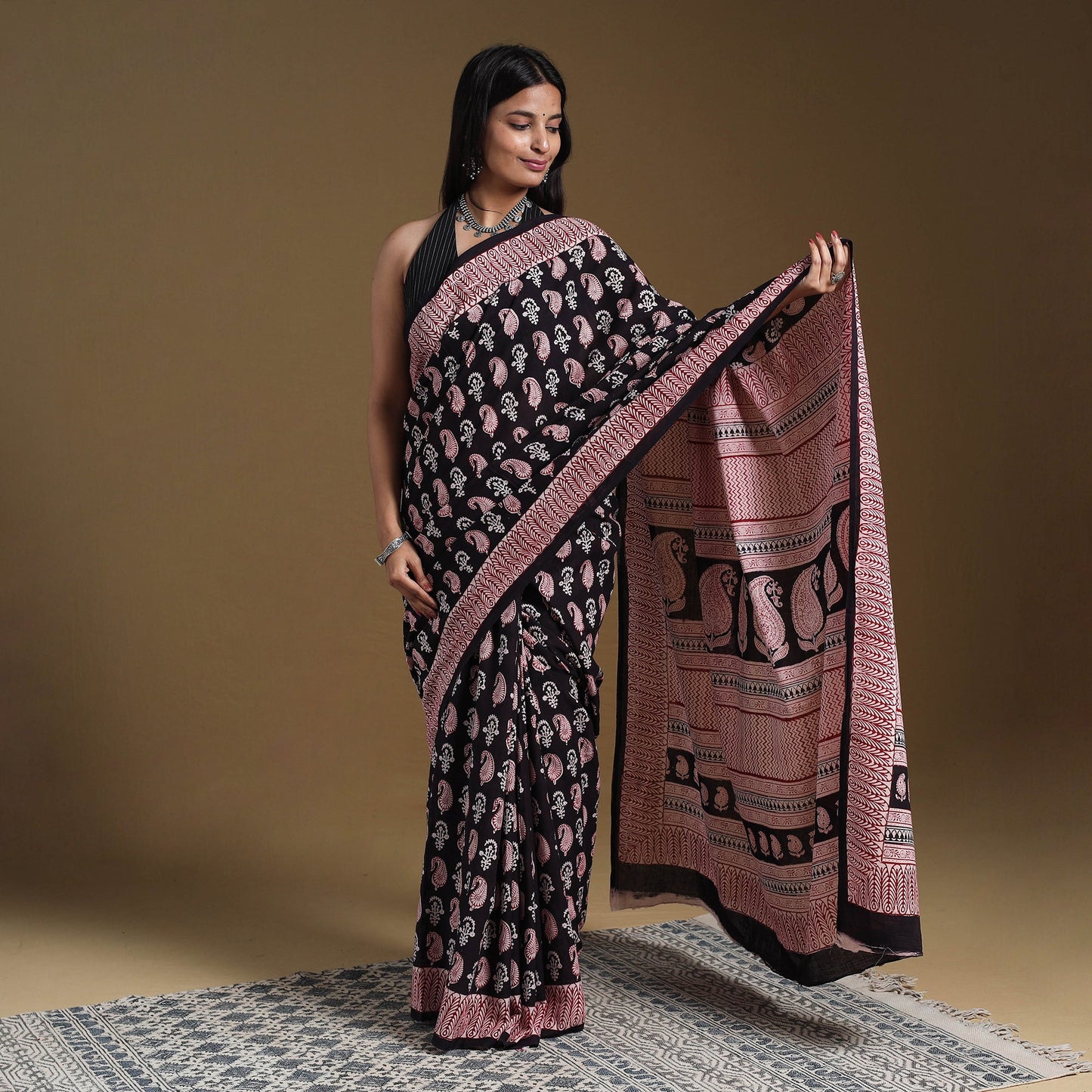 Black Block Print Natural Dyed Cotton Bagh Saree