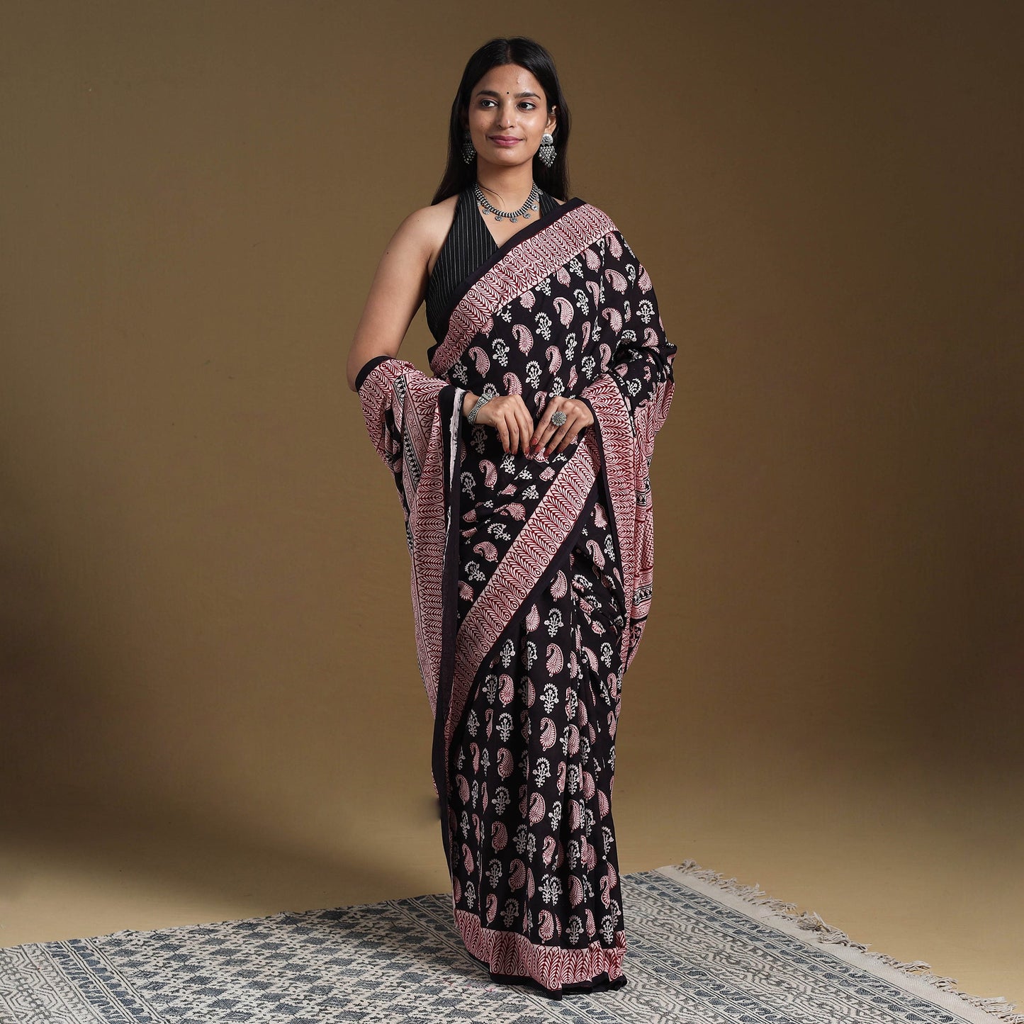 Black Block Print Natural Dyed Cotton Bagh Saree
